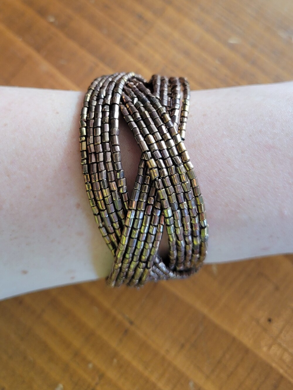Iridescent Brown Mini Seed Bead Woven Cuff Bracelet Bendable Adjustable